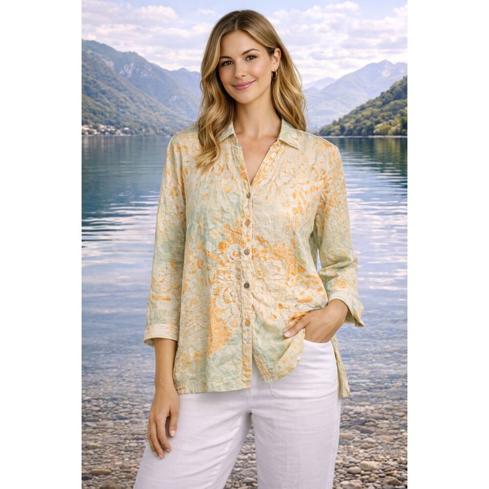 Chicos Pastel Floral Button Front Blouse Lightweight 3/4 Sleeve Size 2 Large